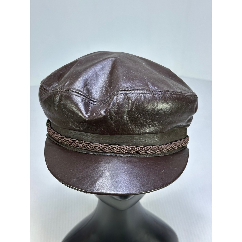 Vintage Genuine Leather Greek Fisherman Fiddler Cap Biker Hat Brown Made in USA